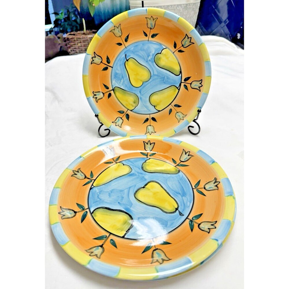 Set Of 4 Dinner Plates Emerald Collection Ruby Ceramic Fruit & Tulip Pattern